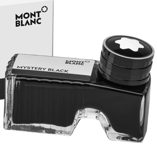 Boccetta dinchiostro montblanc 60ml mystery black nero con corpo in vetro trasparente e tappo nero con logo stella bianca