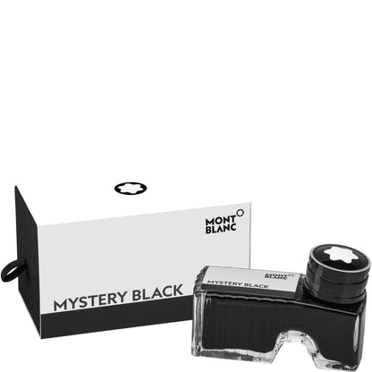 Boccetta di inchiostro montblanc 60ml mystery black nero con corpo in vetro nero e tappo argento con logo stella