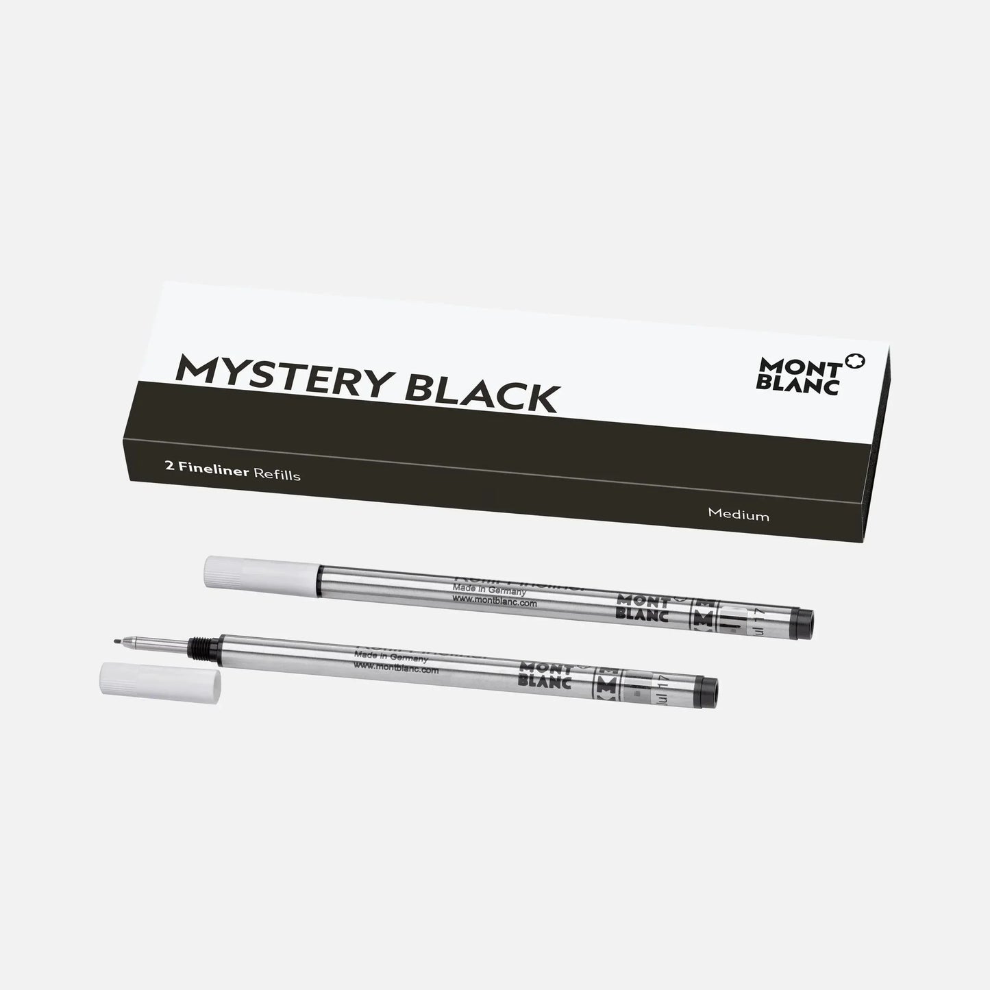 Montblanc 2 refill per fineliner punta m mystery black nero 128246 in eleganti fusti argento con cappucci neri fine punta