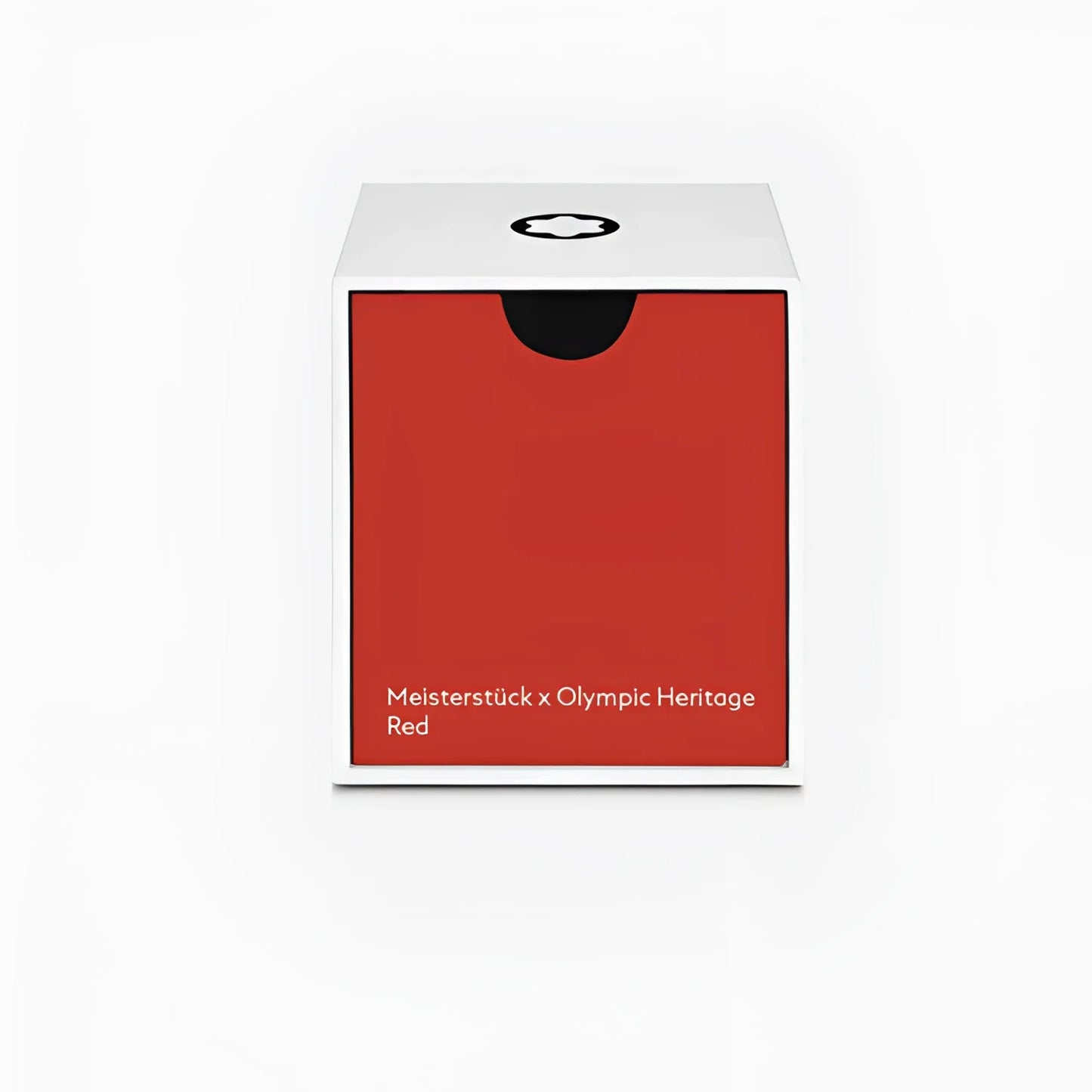 Scatola rettangolare bianca e rossa vivace con tirante nero della boccetta d’inchiostro 50ml meisterstück x olympic heritage paris 1924 rosso montblanc