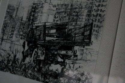 Framed black and white acquaforte drawing by renzo vespignani depicting camion in periferia anno 1956