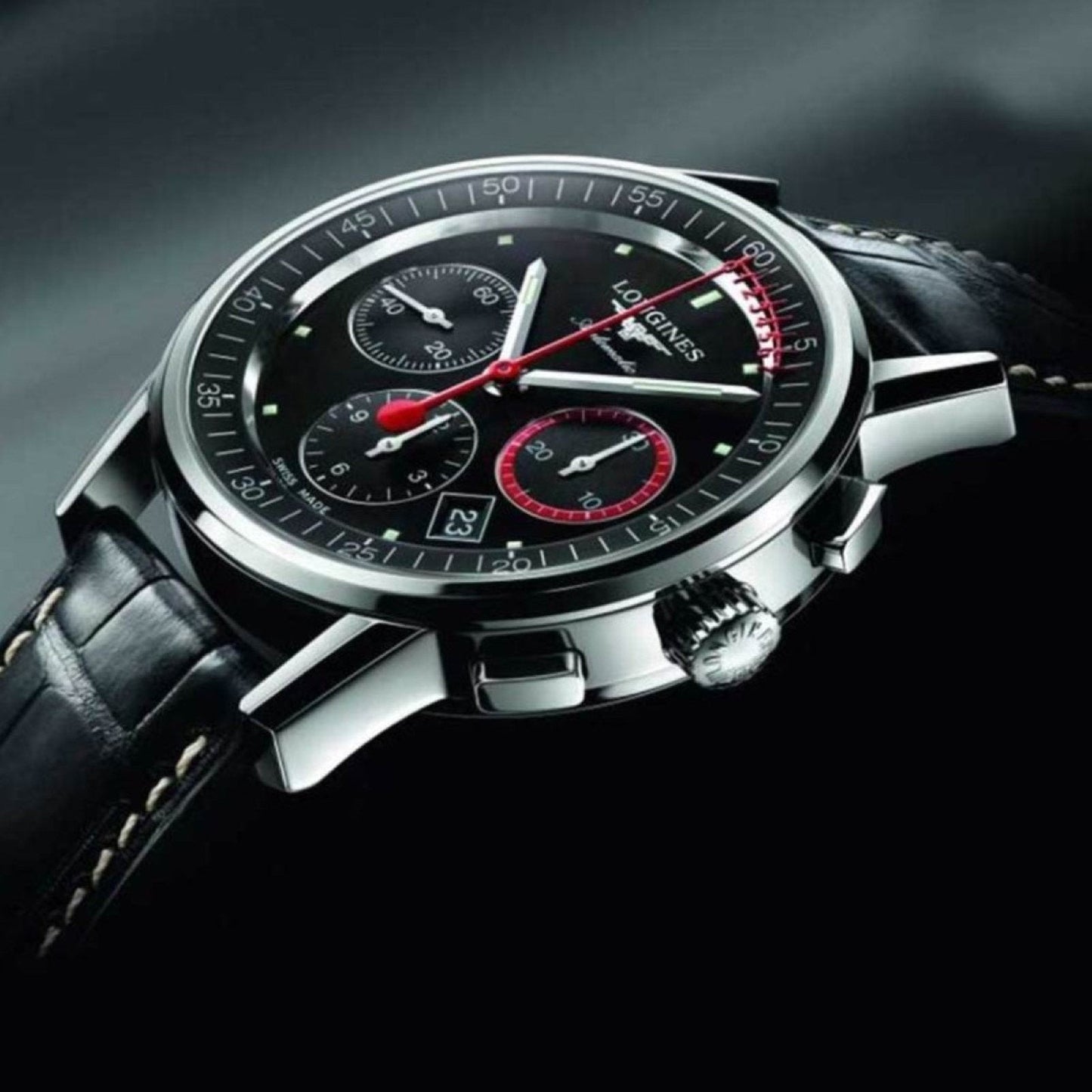 Longines Uhr Column-Wheel Chronograph Record 41mm schwarz Stahl automatisch L4.754.4.52.4