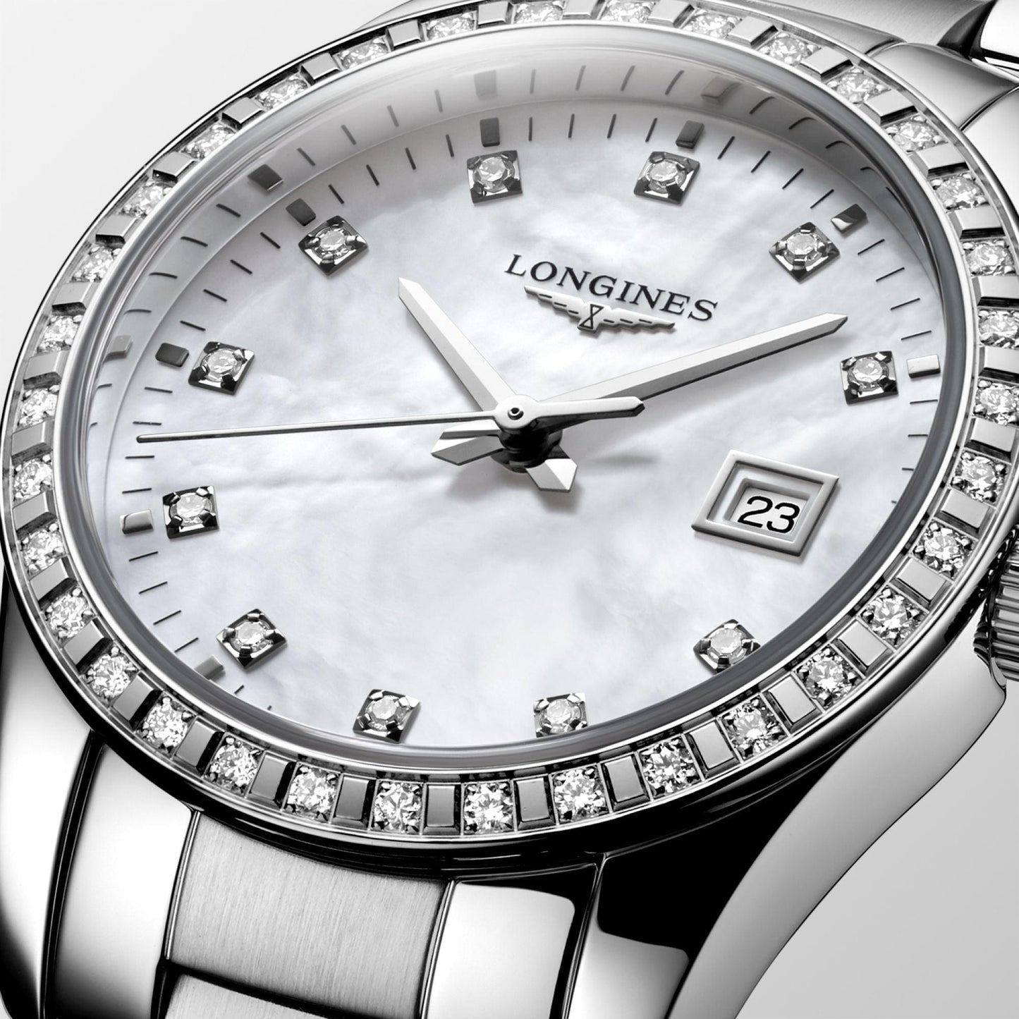 Longines Uhr Conquest Classic 29,5mm Perlmutt Diamanten Quarz Stahl L2.286.0.87.6
