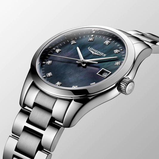 Longines Uhr Conquest Classic 34mm Perlmutt schwarz Stahl Quarz L2.386.4.88.6