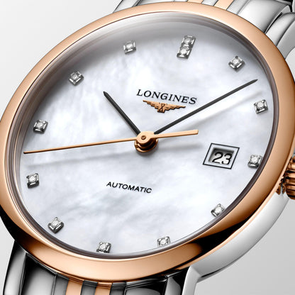 Longines Uhr Elegant Collection 29mm Perlmutt Brillanten Automatik Stahl Roségold-Finish L4.310.5.87.7