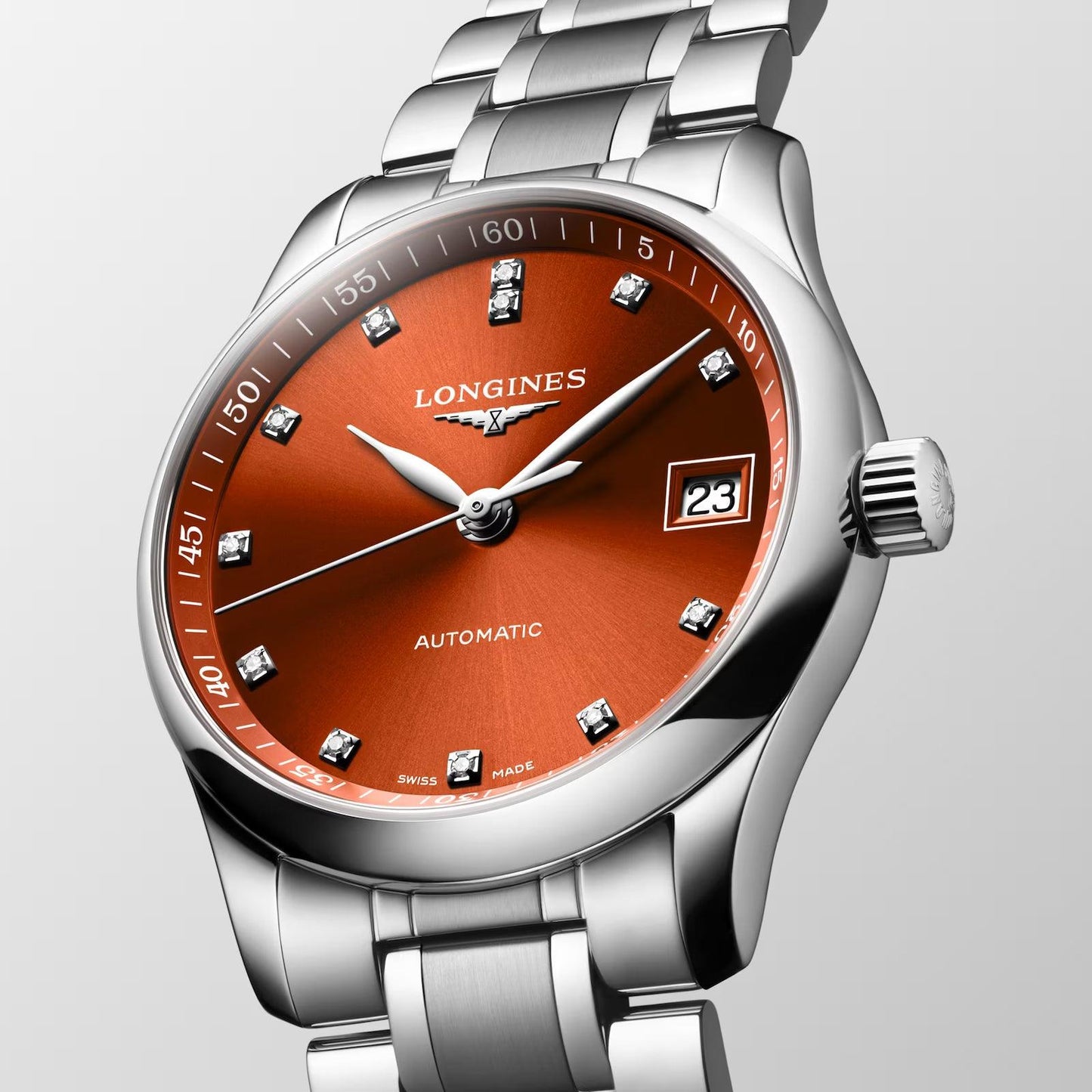 Longines Uhr Master Collection 34mm orange Diamanten Automatik Stahl L2.357.4.08.6