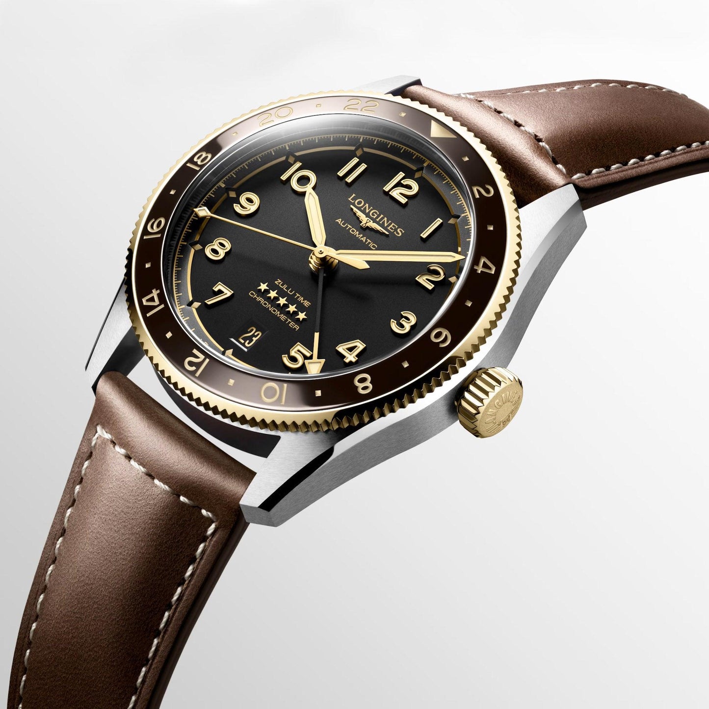 Longines Spirit Zulu Time 39mm schwarz Automatik Stahl und 18kt Gelbgold L3.802.5.53.2