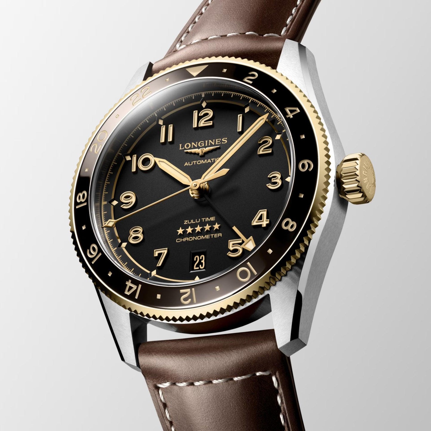 Longines Spirit Zulu Time 39mm schwarz Automatik Stahl und 18kt Gelbgold L3.802.5.53.2