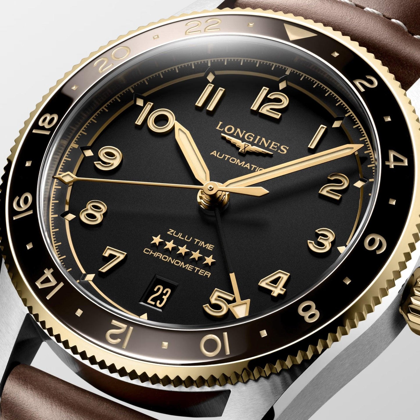 Longines Spirit Zulu Time 39mm schwarz Automatik Stahl und 18kt Gelbgold L3.802.5.53.2