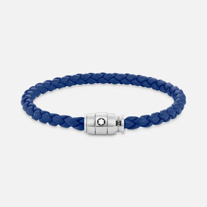 Montblanc Stahlarmband mit 3-Ring-Verschluss und blauem Leder Größe M 130899 63