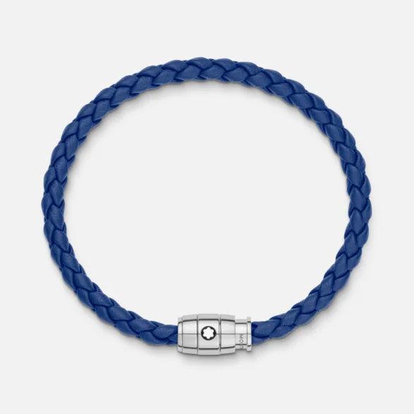 Montblanc Stahlarmband mit 3-Ring-Verschluss und blauem Leder Größe M 130899 63