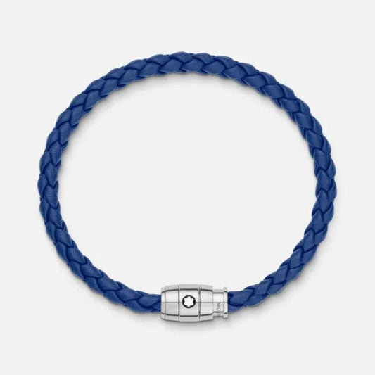 Montblanc Stahlarmband mit 3-Ring-Verschluss und blauem Leder Größe M 130899 63