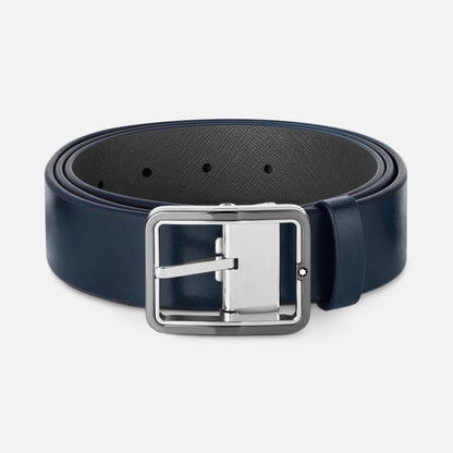 Montblanc 35 mm Wendegürtel mit rechteckiger Dornschließe, blau/graues Leder, anpassbare Größe 131193