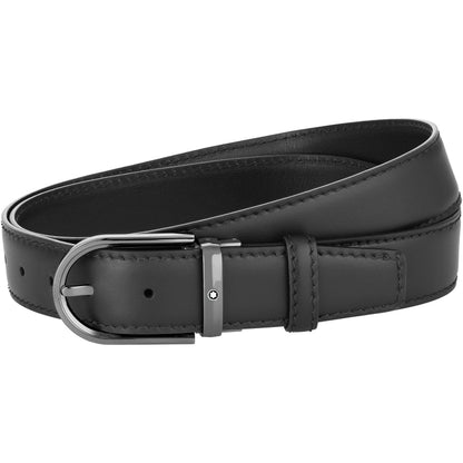 Montblanc Gürtel 35 mm Hufeisenschnalle Ruthenium-Finish schwarzes Leder verstellbare Größe 128770