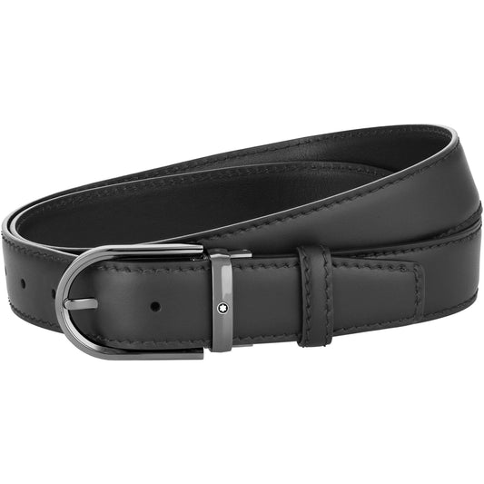 Montblanc Gürtel 35 mm Hufeisenschnalle Ruthenium-Finish schwarzes Leder verstellbare Größe 128770