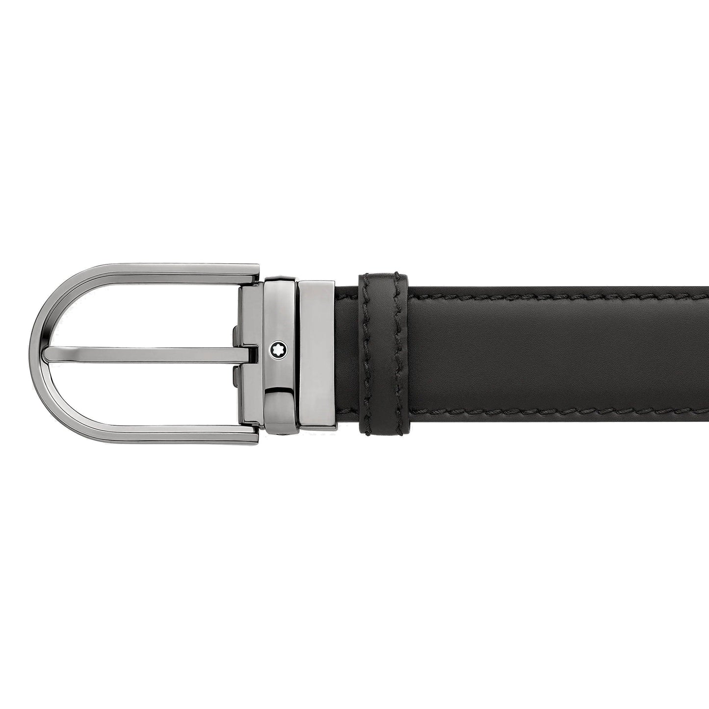 Montblanc Gürtel 35 mm Hufeisenschnalle Ruthenium-Finish schwarzes Leder verstellbare Größe 128770