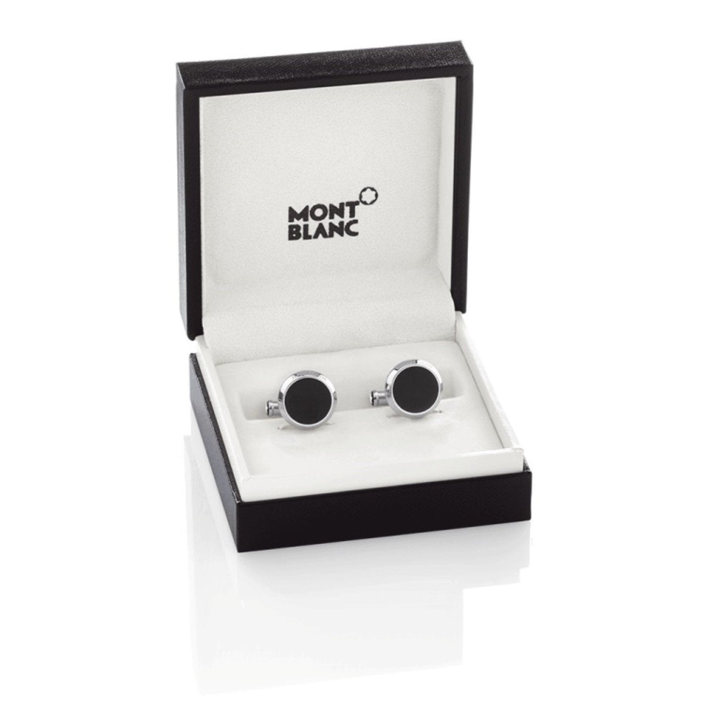 Montblanc Manschettenknöpfe Meisterstück rund aus Stahl mit Onyx-Einlage 112896