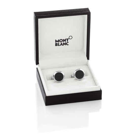 Montblanc Manschettenknöpfe Meisterstück rund aus Stahl mit Onyx-Einlage 112896
