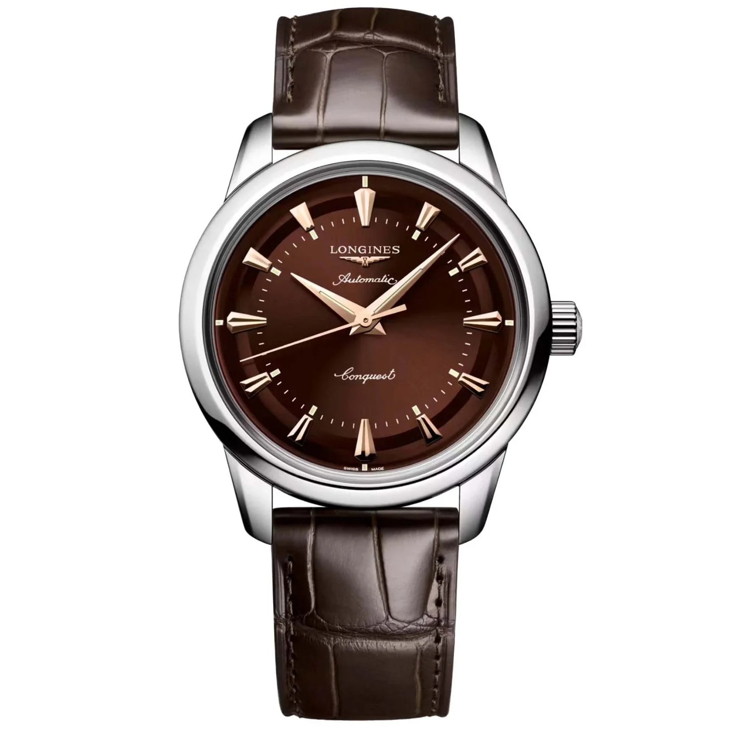 Longines orologio heritage 38mm marrone acciaio automatico con cassa argento lucida e quadrante marrone protetto dall ufficio federale svizzero