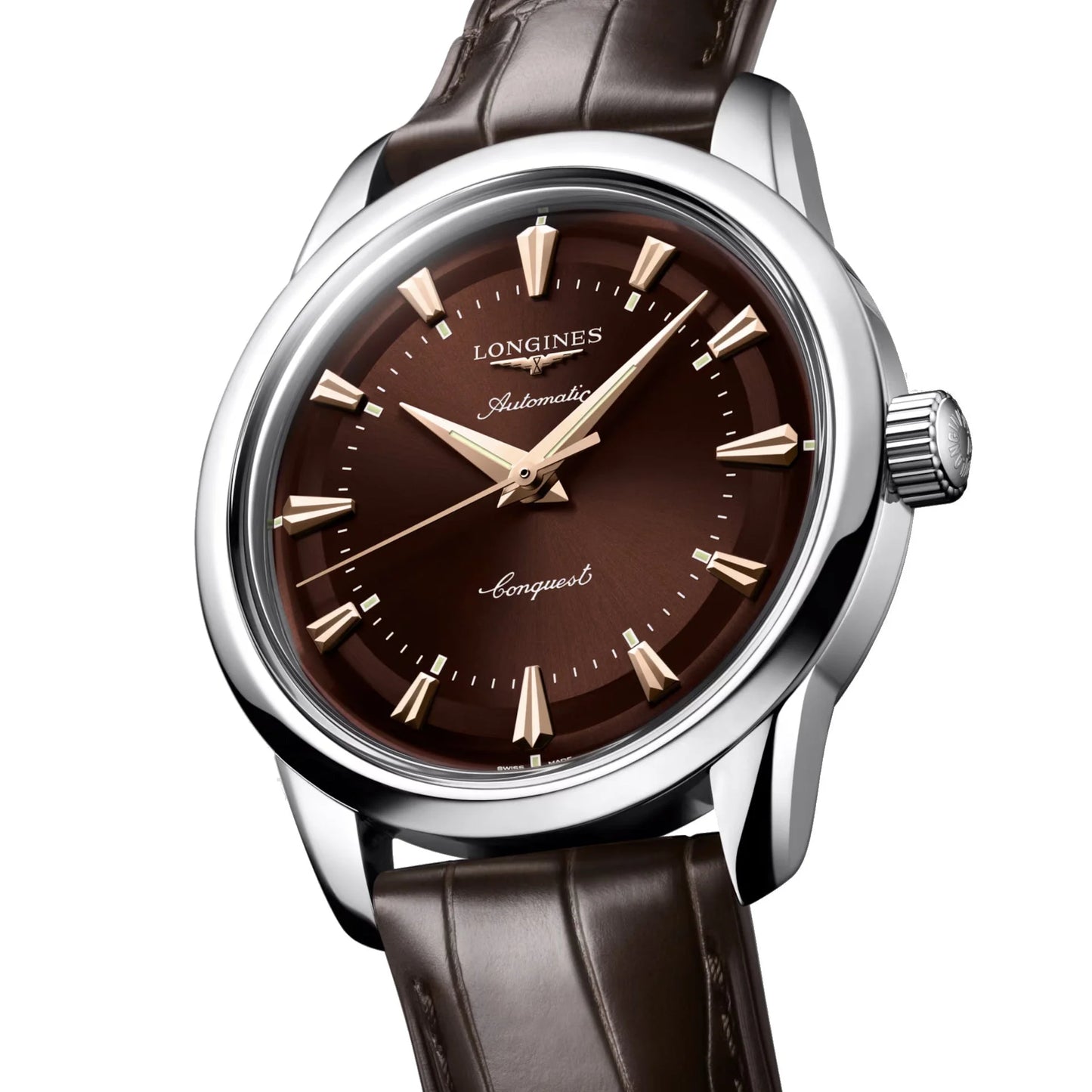 Longines orologio heritage 38mm automatico marrone acciaio con quadrante marrone e cinturino pelle alligatore protetto dall’ufficio federale svizzero