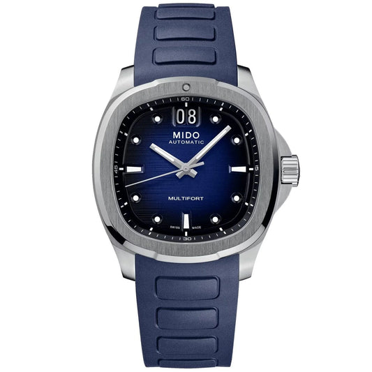 Mido multifort tv big orologio automatico splendido orologio svizzero con cassa acciaio e quadrante blu con big date