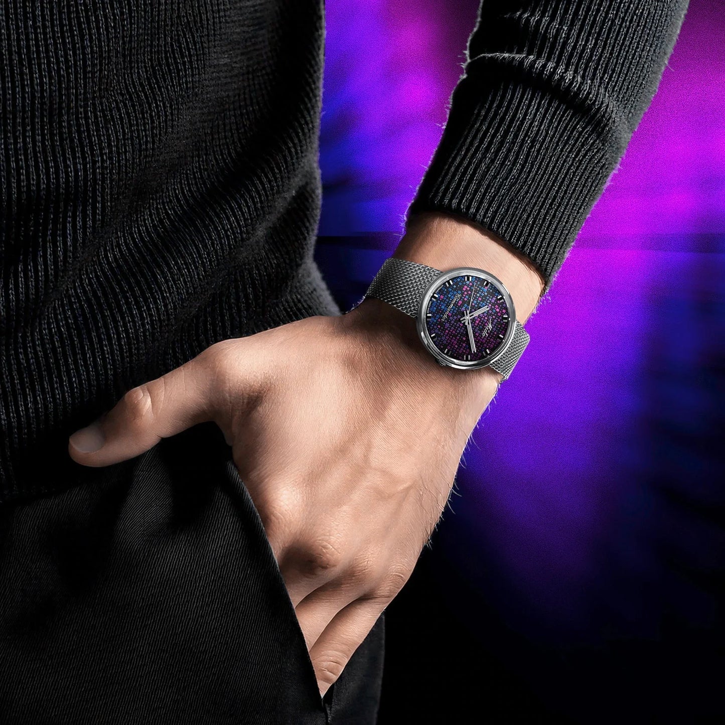 Mido orologio commander 1959 37mm nero automatico acciaio con quadrante cosmico viola e blu e bracciale in maglia argento
