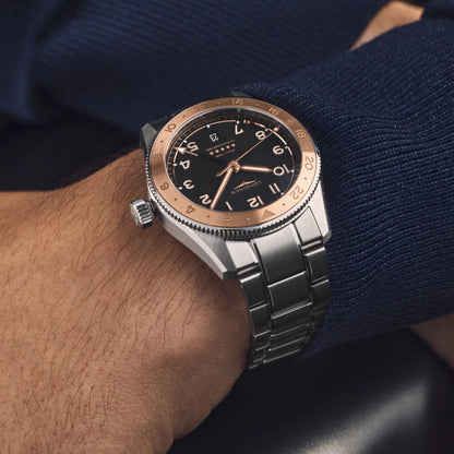 Longines orologio spirit zulu time 1925 39mm nero con quadrante nero, lunetta in oro rosa e cinturino acciaio argento