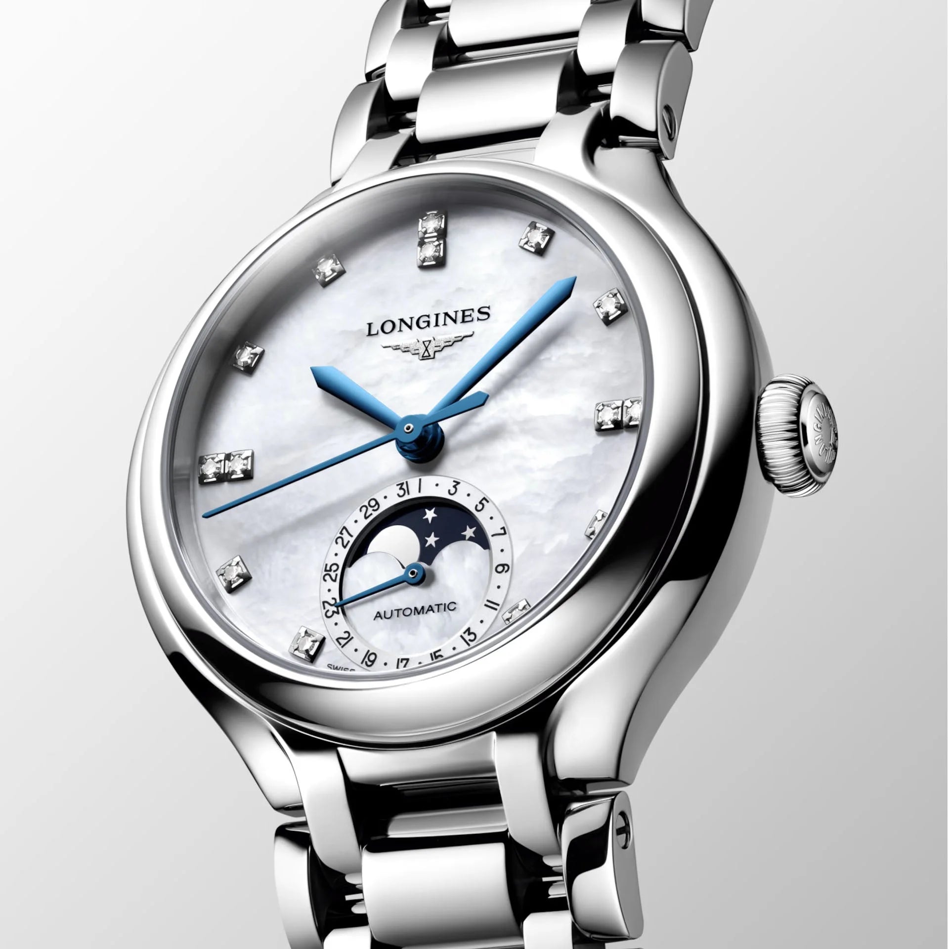 Longines Primaluna collezione orologio donna 34mm acciaio madreperla diamanti automatico fase lunare blu