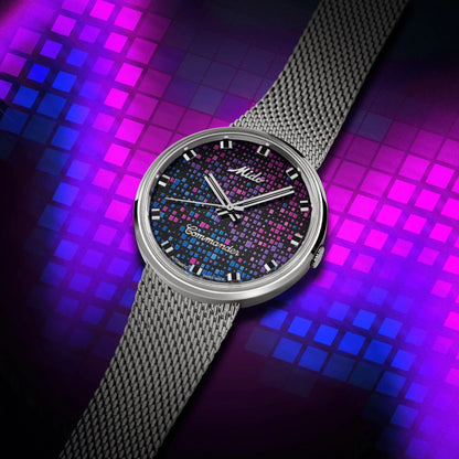 Mido orologio commander 1959 37mm nero automatico acciaio con quadrante pixelato blu e rosa e lancette bianche