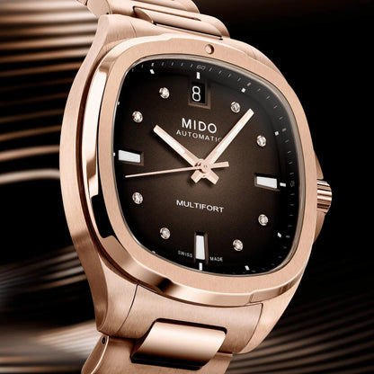 Mido orologio multifort tv 35mm acciaio finitura pvd oro rosa con quadrante nero e diamanti su bracciale abbinato