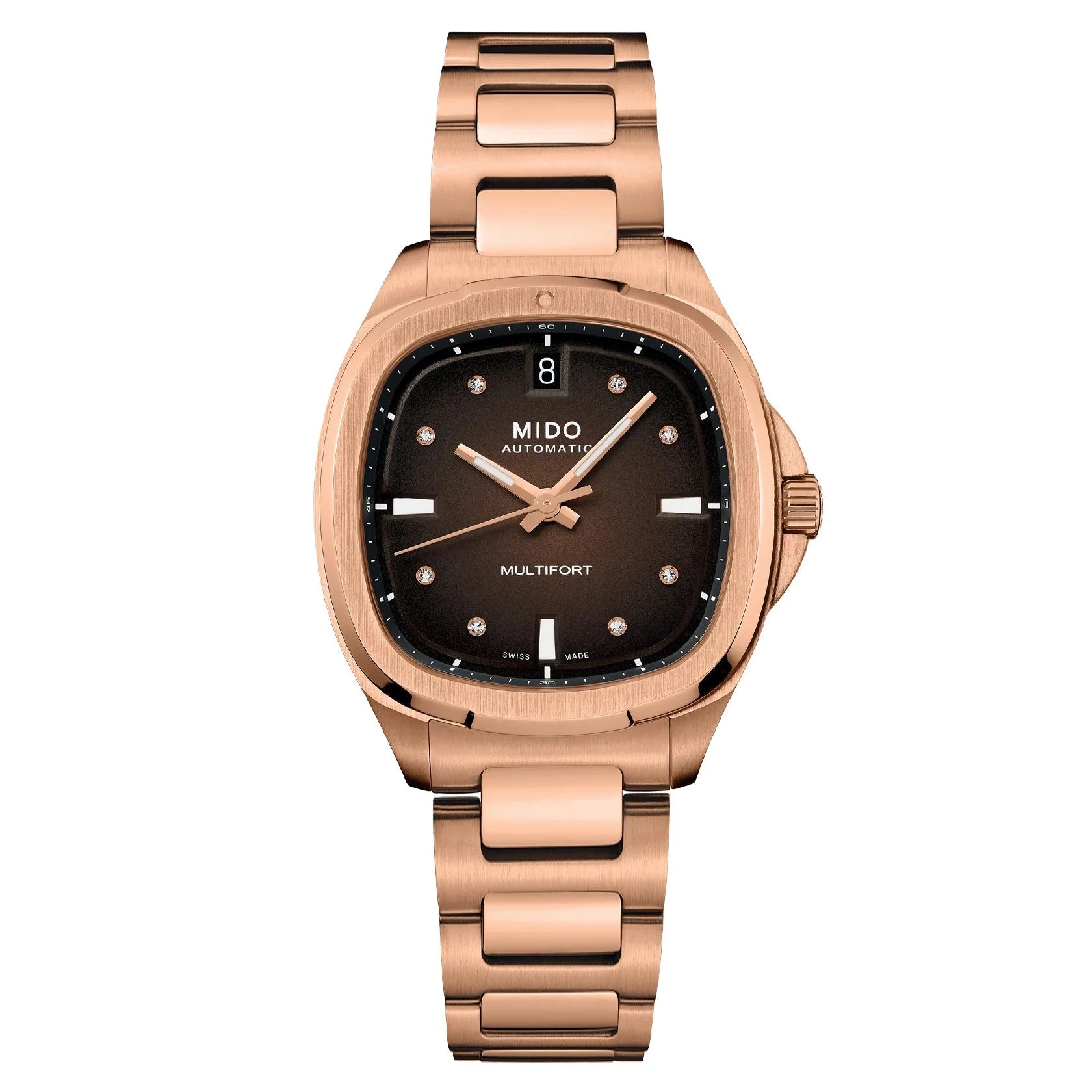 Orologio mido multifort automatico 35mm con finitura pvd oro rosa acciaio finitura, quadrante nero con diamanti