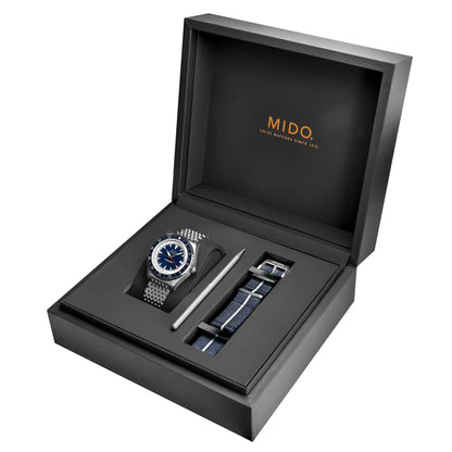 Mido orologio ocean star gmt edizione speciale con quadrante blu e bracciale in acciaio mesh in confezione regalo nera