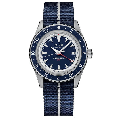 Mido orologio ocean star gmt edizione speciale 40mm blu con funzione gmt quadrante blu e cinturino tessuto navy