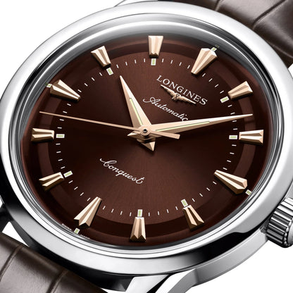 Longines orologio heritage automatico 38mm con quadrante marrone, lancette e indici oro rosa, cassa acciaio protetto dall’ufficio federale svizzero