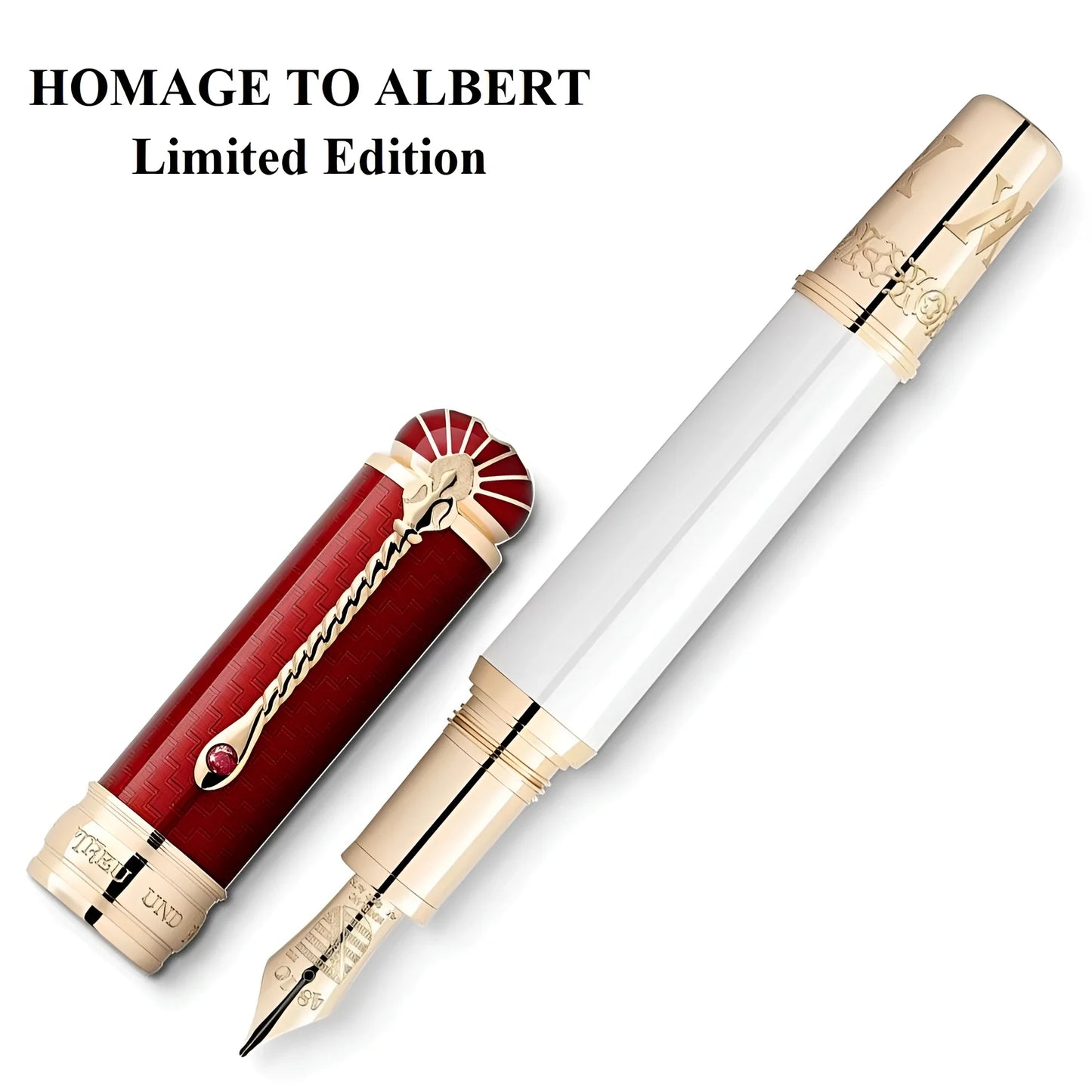 Montblanc stilografica patron of art homage to albert limited edition in colore bianco perlato con dettagli incisi e rubino sul cappuccio