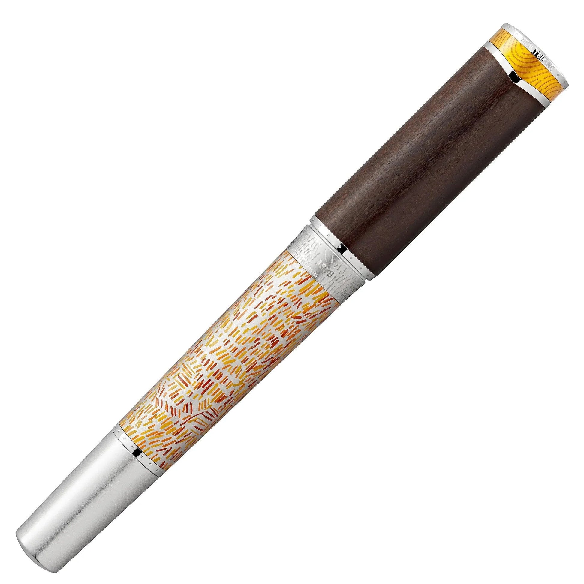 Elegante penna roller montblanc in legno marrone e metallo argento con motivo astratto arancione omaggio a vincent van gogh