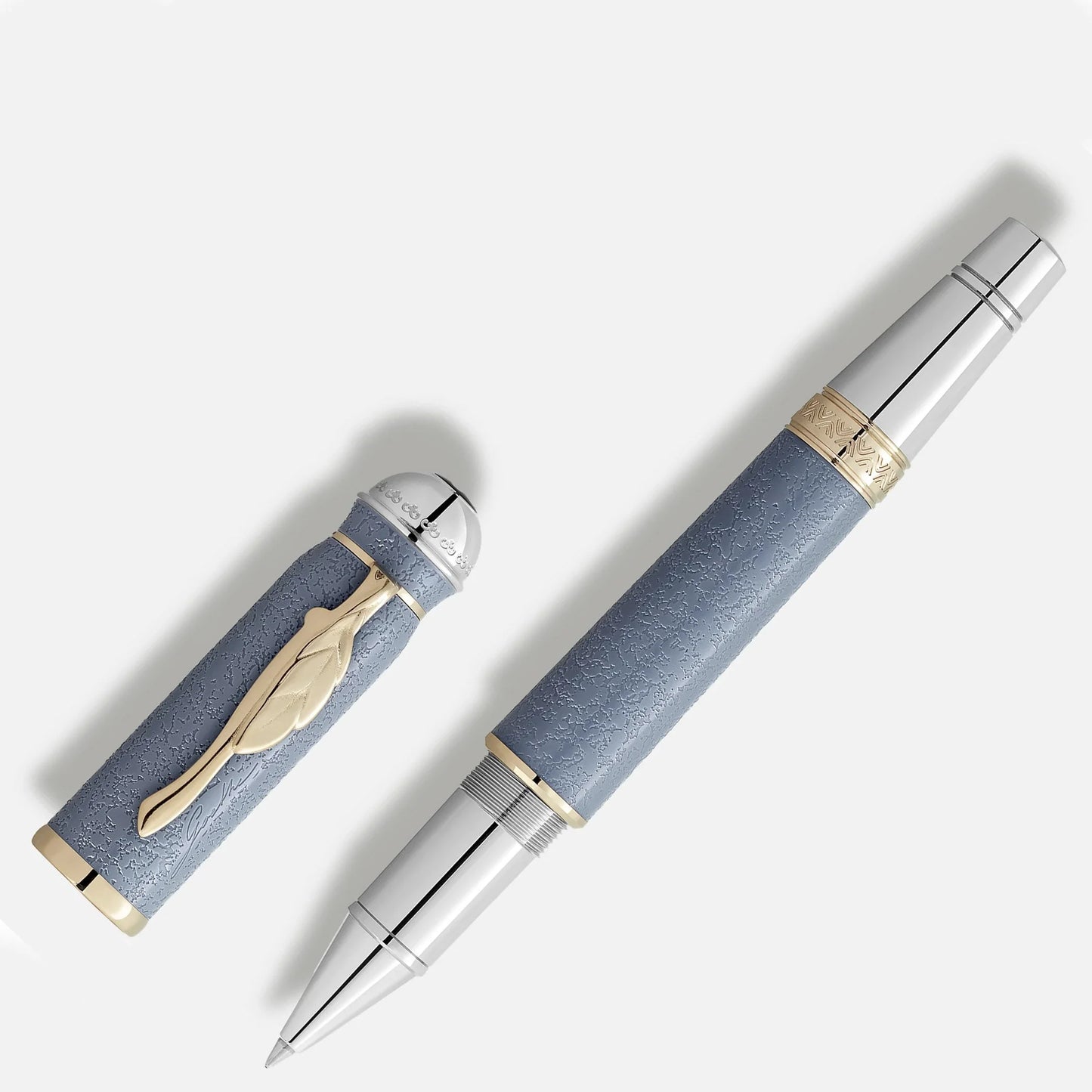 Montblanc rollerball pen in light blue leather finish with silver and gold accents homage to johann wolfgang von goethe