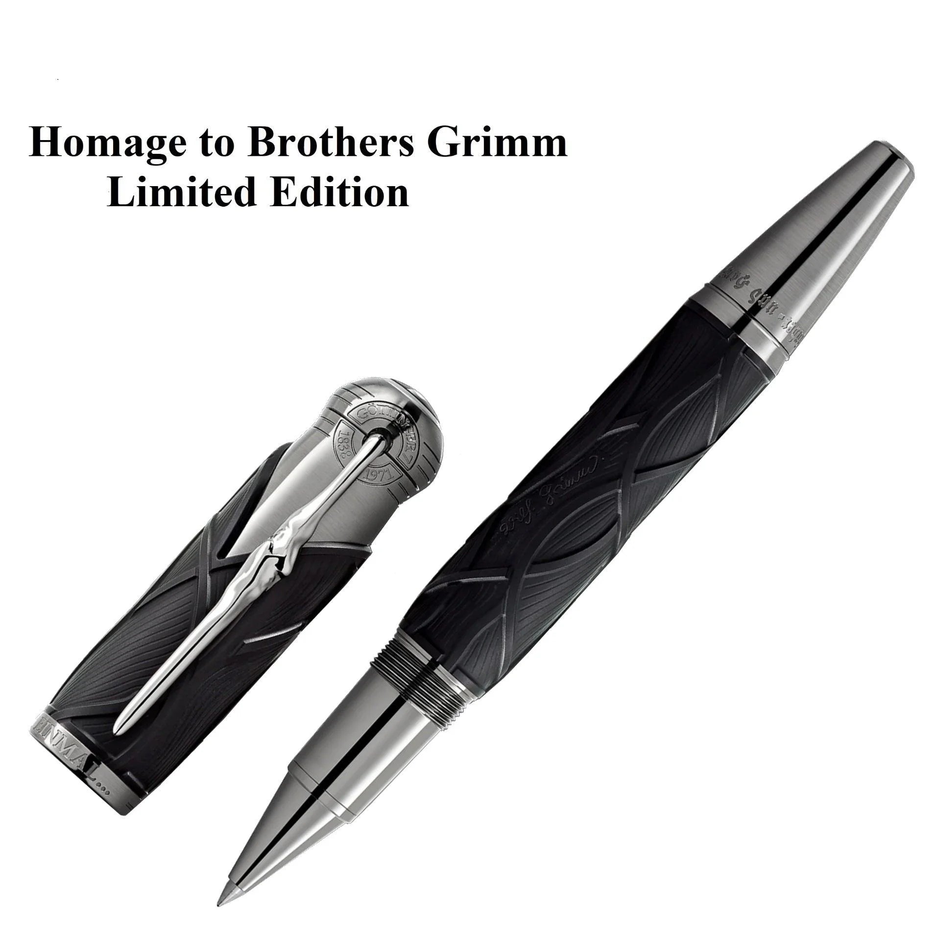 Penna roller nero e argento montblanc writers edition fratelli grimm con impugnatura testurizzata e dettagli incisi