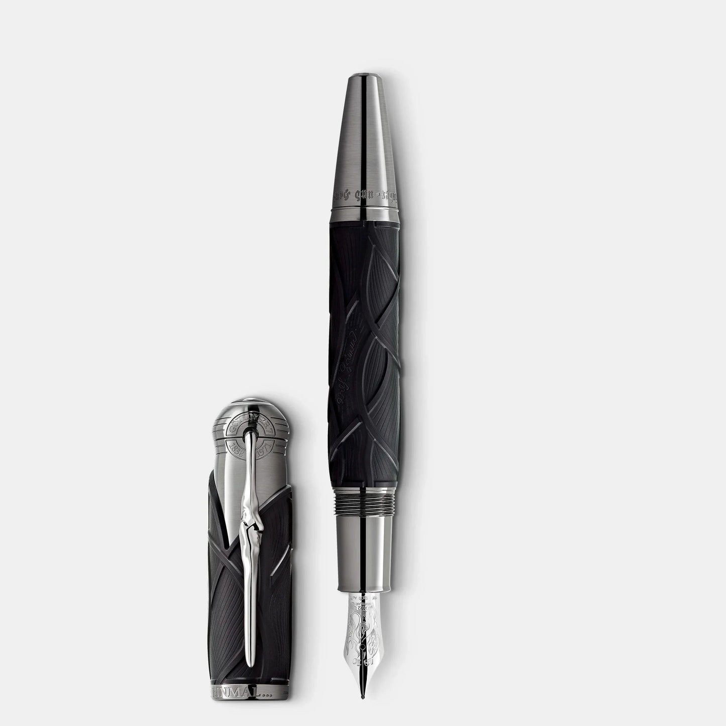 Montblanc stilografica writers edition homage to brothers grimms eleganza nera e argento con impugnatura testurizzata e pennino inciso