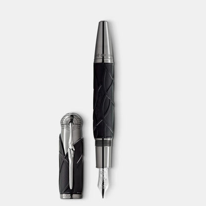 Montblanc stilografica writers edition homage to brothers grimms eleganza nera e argento con impugnatura testurizzata e pennino inciso