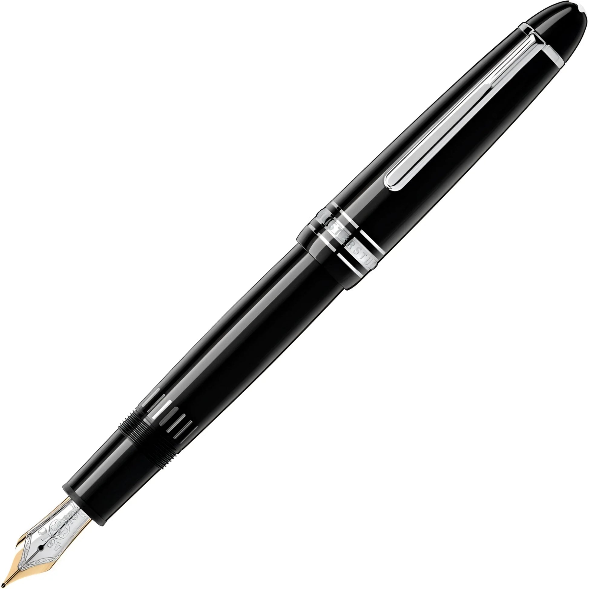 Montblanc stilografica meisterstück platinum legrand in pregiata resina nera con dettagli argento e pennino oro punta m