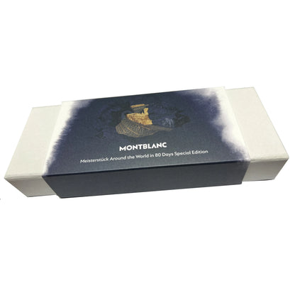 Montblanc penna a sfera media meisterstück around the world in 80 days 132877 con scatola blu navy e illustrazione treno dorato