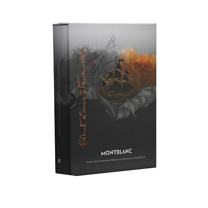Scatola nera rettangolare con scritte in oro e illustrazioni di nave teschio per penna montblanc robert louis stevenson