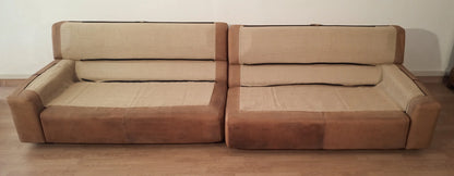 Due divani modulari divano bogo con cuscini beige e base in pelle marrone di carlo bartoli vintage