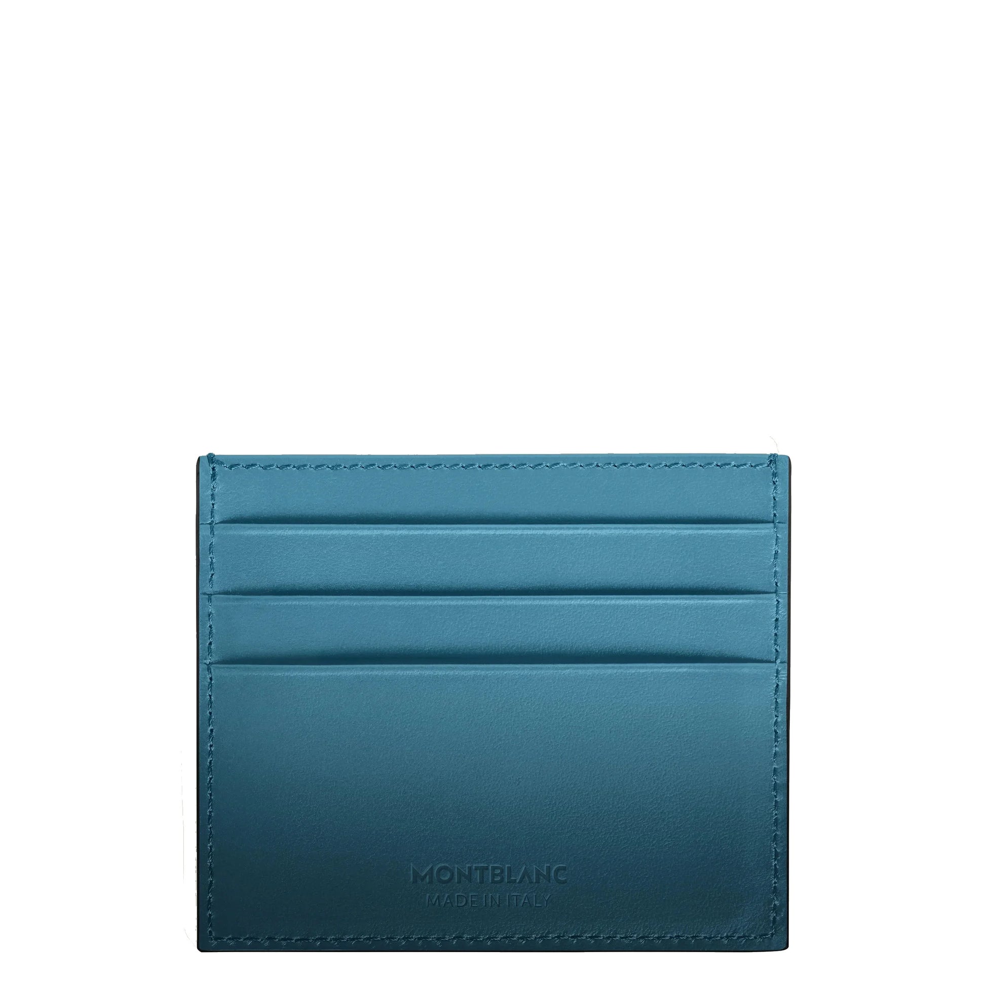 Porta carte meisterstück in pelle blu fumé con cuciture a vista e logo montblanc goffrato