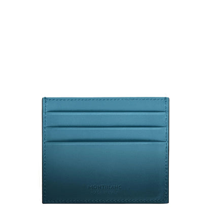 Porta carte meisterstück in pelle blu fumé con cuciture a vista e logo montblanc goffrato