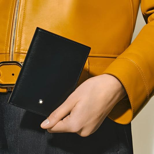 Montblanc porta carte meisterstück nero in pelle con emblema stella argento e 4 scomparti modello 198321