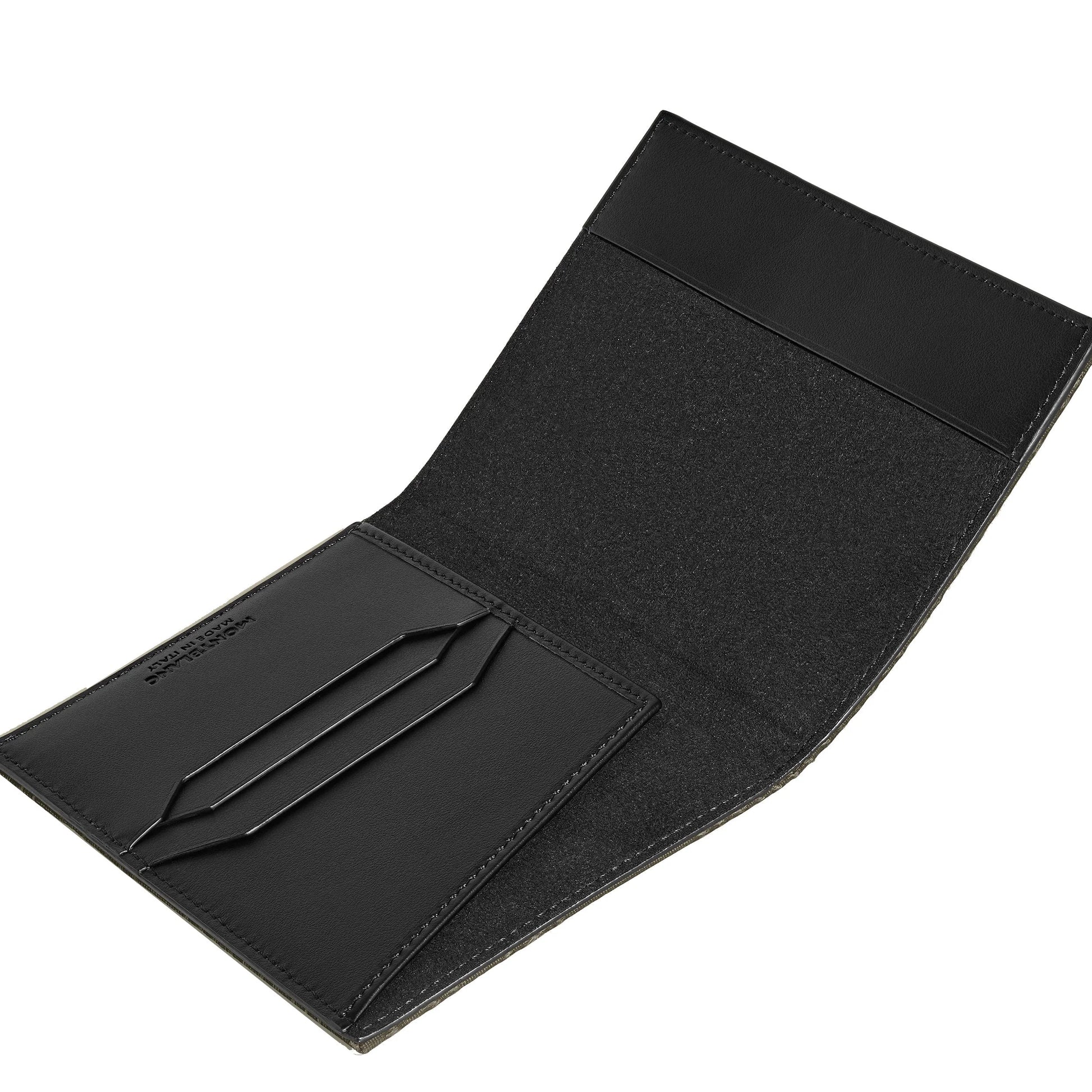 Portafoglio nero in pelle montblanc con design minimalista e tre fessure per tessere motivo testurizzato ispirato agli archivi