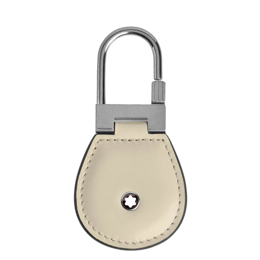Crema portachiavi meisterstück in pelle liscia beige nuvolato con moschettone metallico argentato e logo montblanc