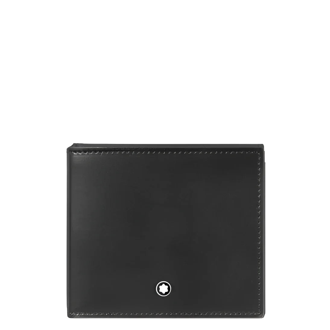 Portafoglio montblanc sottile trio in pelle nera con emblema argento sul fondo centrale per uso elegante